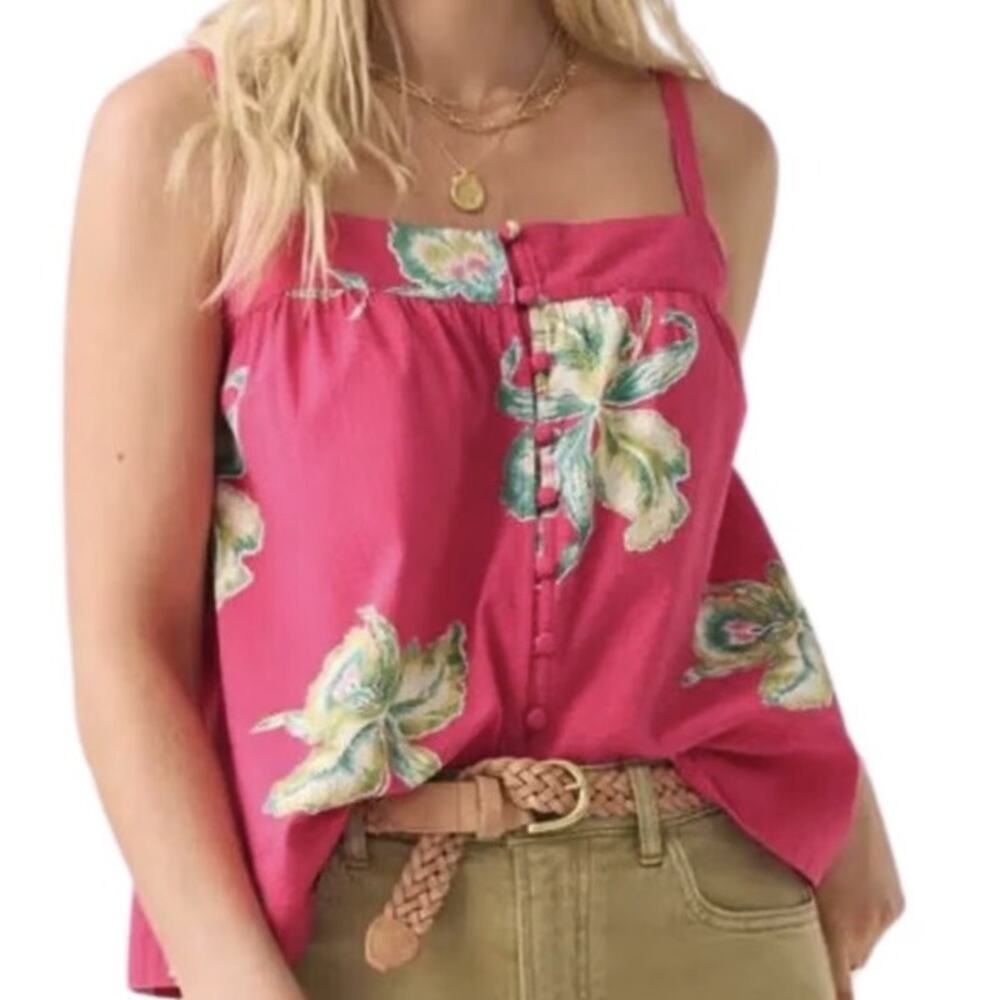 Faherty Marina Seersucker Pink/Red Tropical Floral Square Neck Preppy Summer Top - Picture 11 of 12